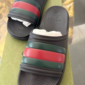 Gucci Black Slides with Red and Green Bands